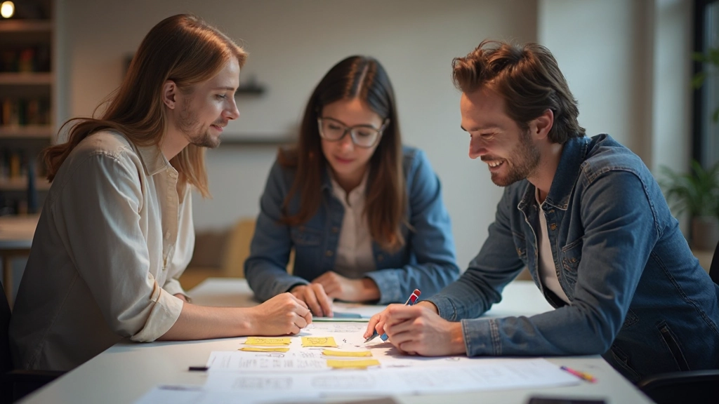 Команда дизайнеров проводит сеанс мозгового штурма для разработки структуры навигации, используя стикеры и доску