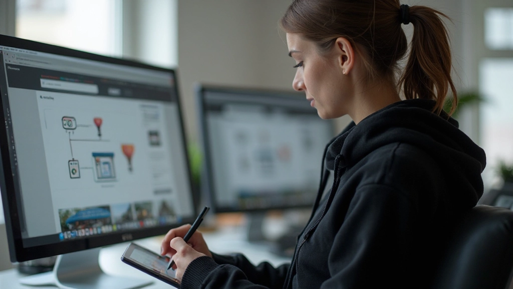 Дизайнер разрабатывает структуру сайта с использованием диаграмм и блок-схем на графическом планшете