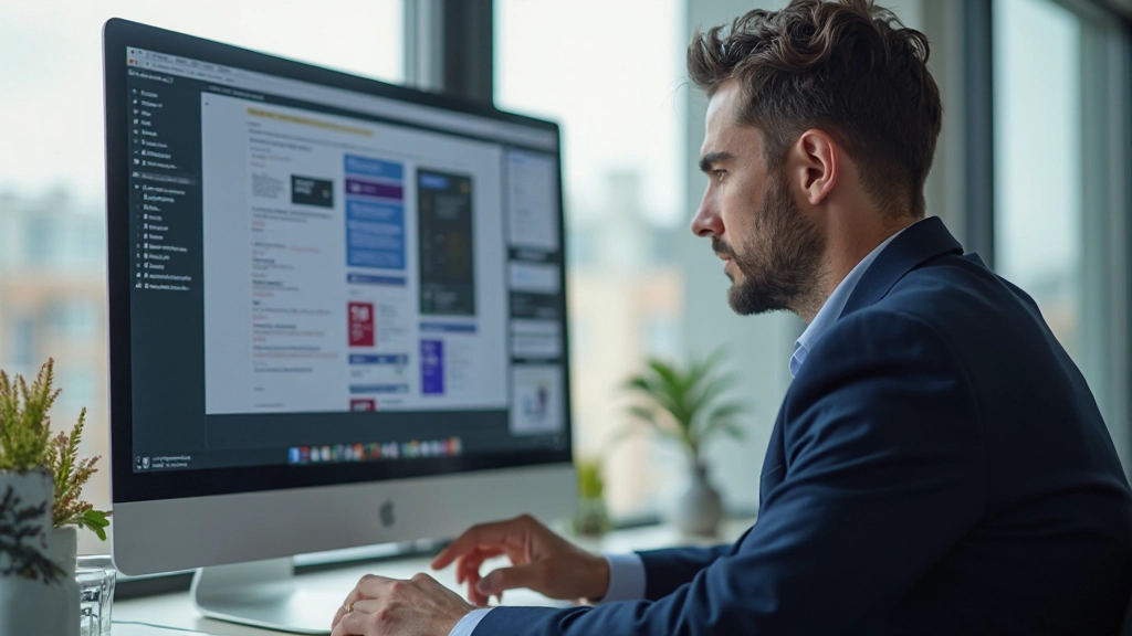 Веб-дизайнер анализирует макет сайта на экране монитора с чашкой кофе рядом