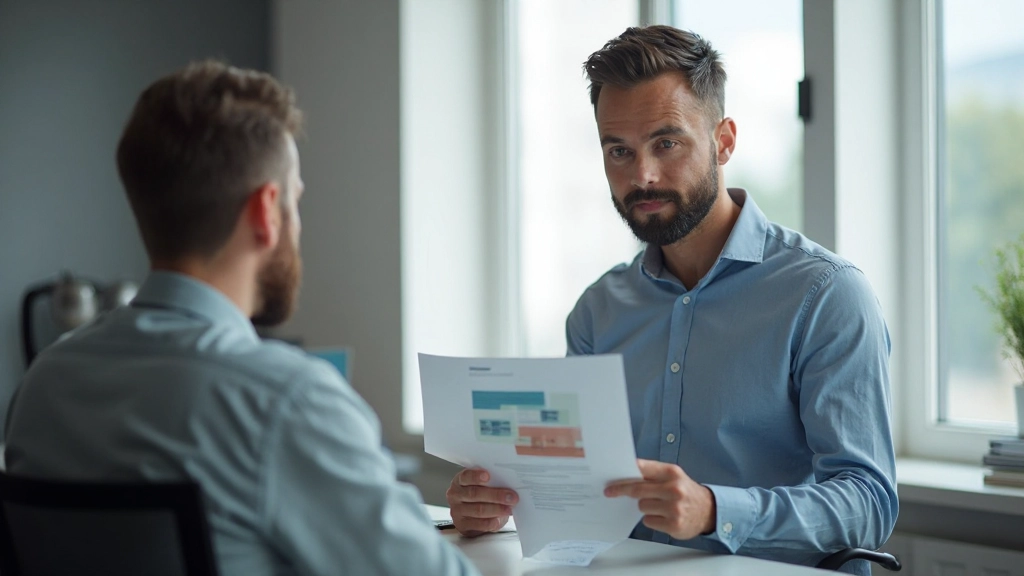 Веб-дизайнер показывает готовый проект веб-сайта на экране компьютера в офисной среде
