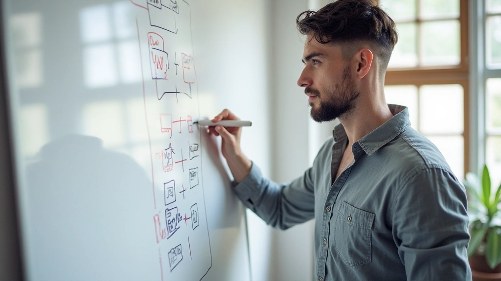 Дизайнер рисует схему структуры сайта на белой доске маркером в офисе