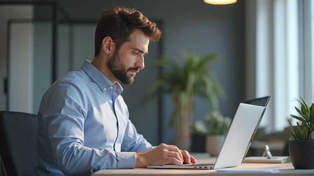 Дизайнер на ноутбуке проверяет юзабилити веб-сайта, анализируя макет и компоненты интерфейса