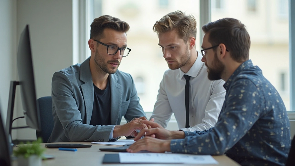 Группа веб-дизайнеров обсуждают макет сайта у стеклянной доски в современном офисе